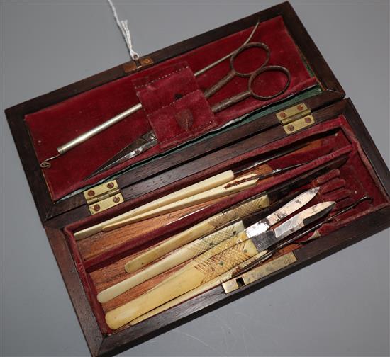 A 19th century rosewood cased scalpel set, some signed Still